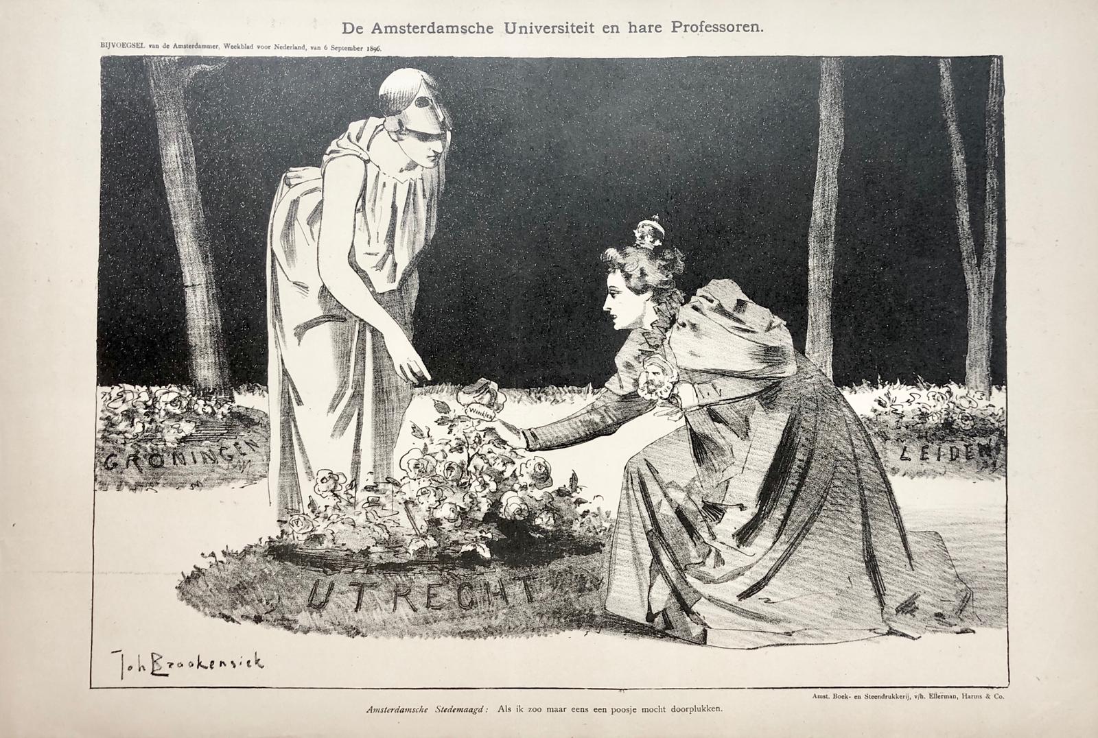 [Original lithograph/lithografie by Johan Braakensiek] De Amsterdamsche Universiteit en hare Professoren, 6 September 1896, 1 pp.