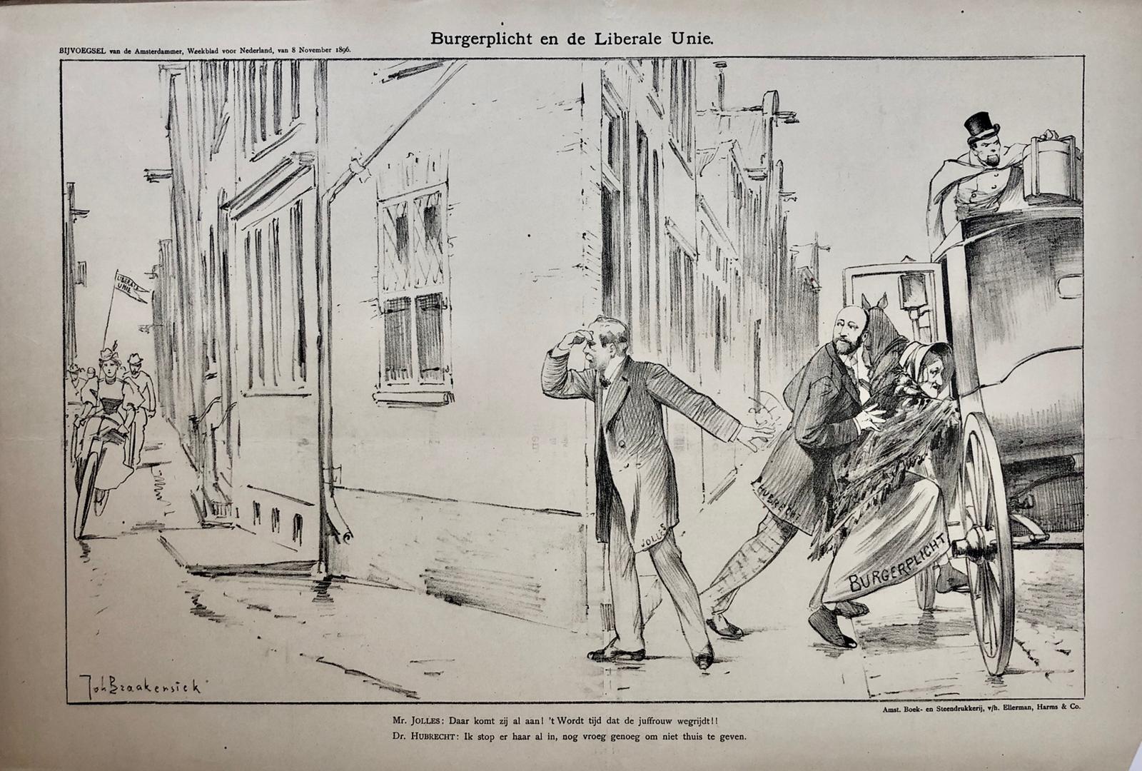 [Original lithograph/lithografie by Johan Braakensiek] Burgerplicht en de Liberale Unie, 8 November 1896, 1 pp.