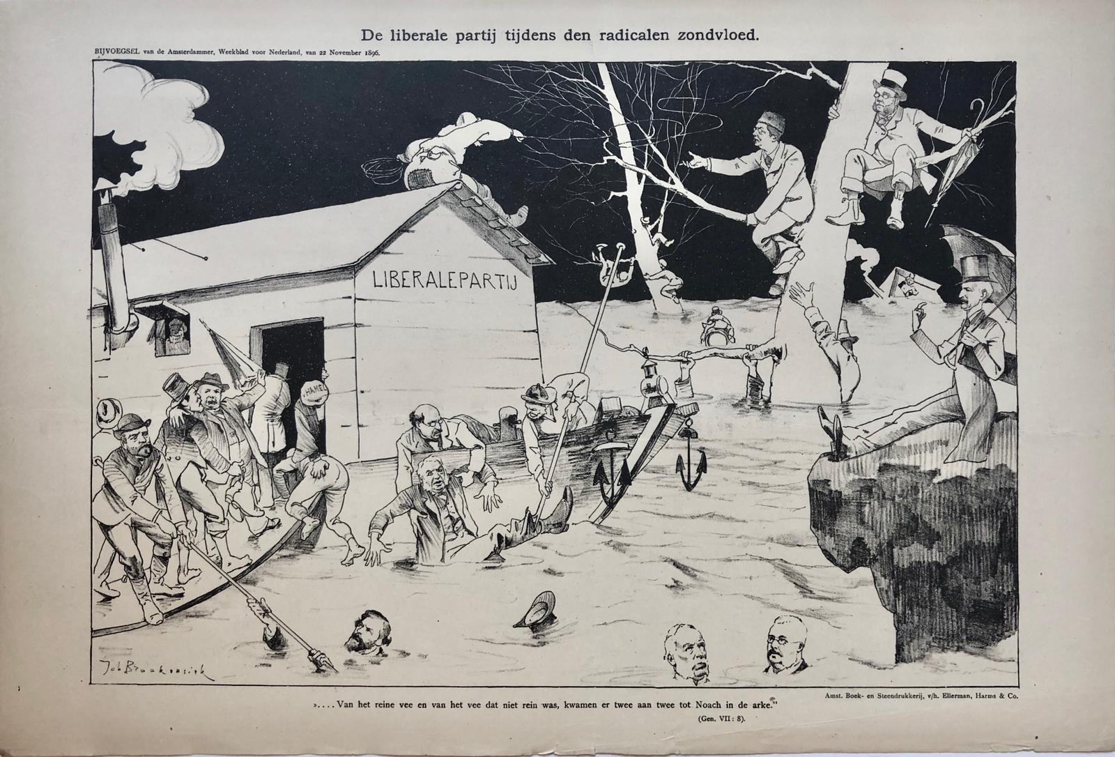 [Original lithograph/lithografie by Johan Braakensiek] De liberale partij tijdens den radicalen zondvloed, 22 November 1896, 1 pp.