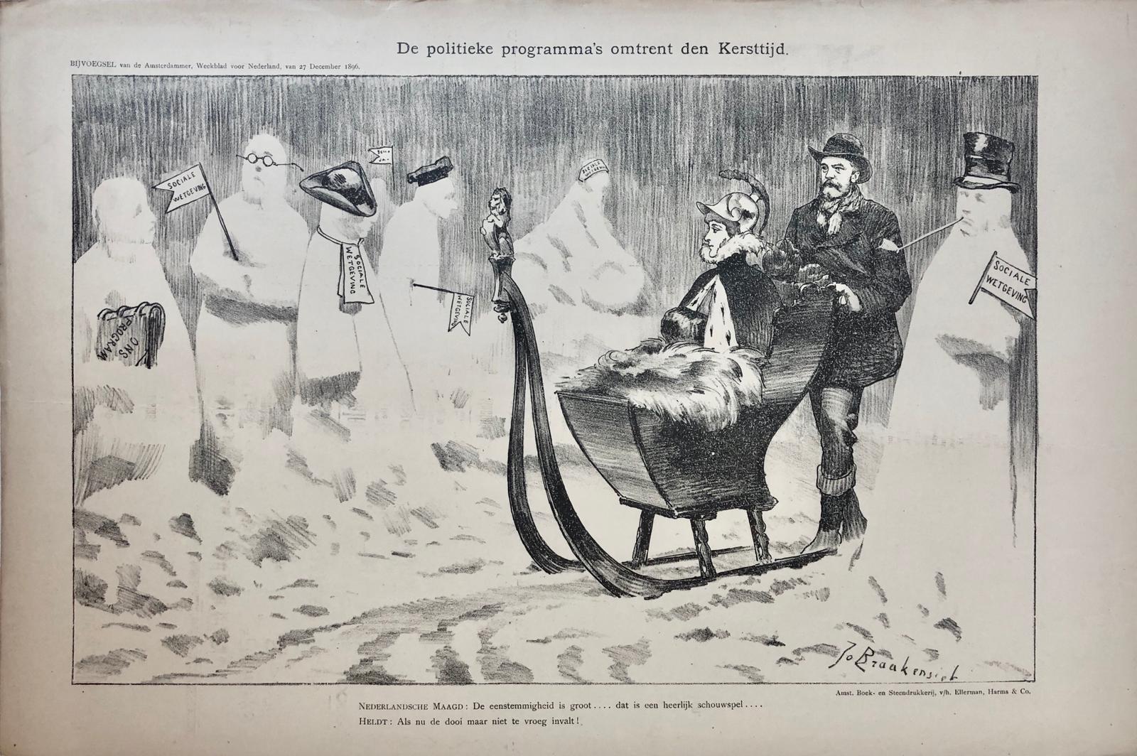 [Original lithograph/lithografie by Johan Braakensiek] De politieke programma's omtrent den Kersttijd, 27 December 1896, 1 pp.