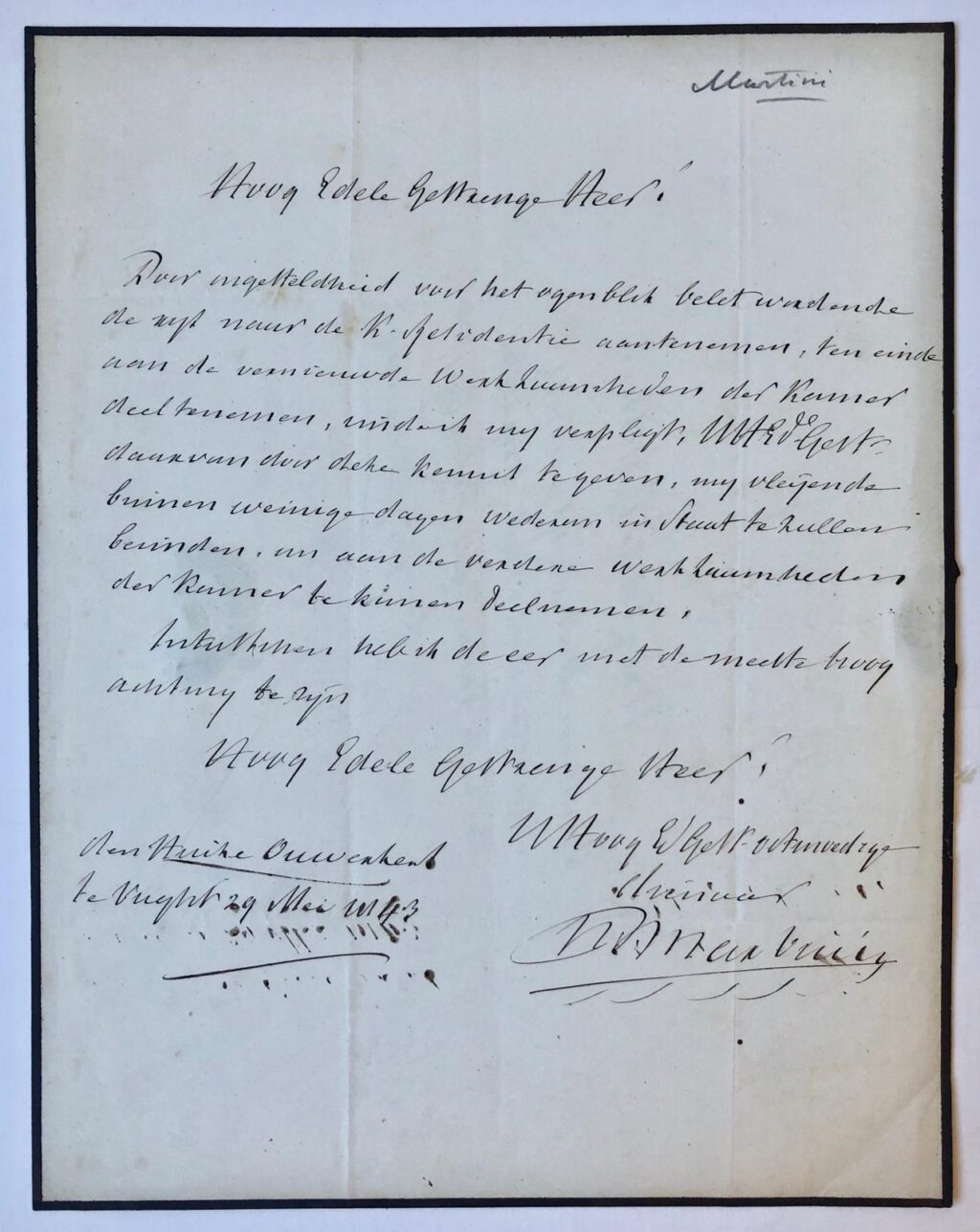 [Manuscript 1843] Brief van H.B. Martini, d.d. Vught 1843, aan mr. A. van Gennep, Minister van Staat te ‘s Gravenhage. Manuscript, 4°. 1 p. met afdruk van lakcachet.