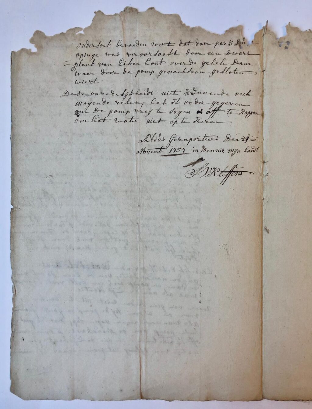 [Manuscript, legal document, 1757] Verbaal door S. van Kleffens betr. de waterlossing bij de Roode Schuur, 21-11-1757, manuscript, folio, 2 p. (beschadigd met verlies van een aantal woorden).