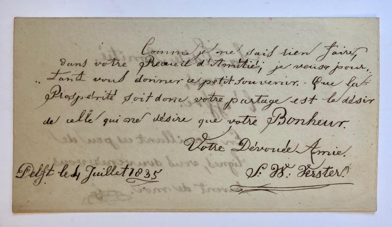 [Album Amicorum leave, 1835] Blaadje uit een album amicorum, dd. Delft 1835, ondertekend S.W. Verster.