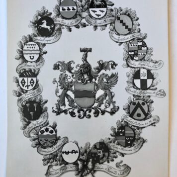 [Photo] Foto, 22x17 cm van een heraldische tekening uit ca. 1940 met in het midden het familiewapen De Jonge met eromheen de wapens en namen van de aangehuwde echtgenotes van de stamreeks, 1477 (Cornelia Boeye) tot 1937 (Desirée van Rappard, 2 sept. 1937).