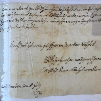 [Manuscript 1727] Brief van W.M. van Humalda geb. Hannia, dd. Coevorden 1727, aan “waarde night”, manuscript, 1 p.