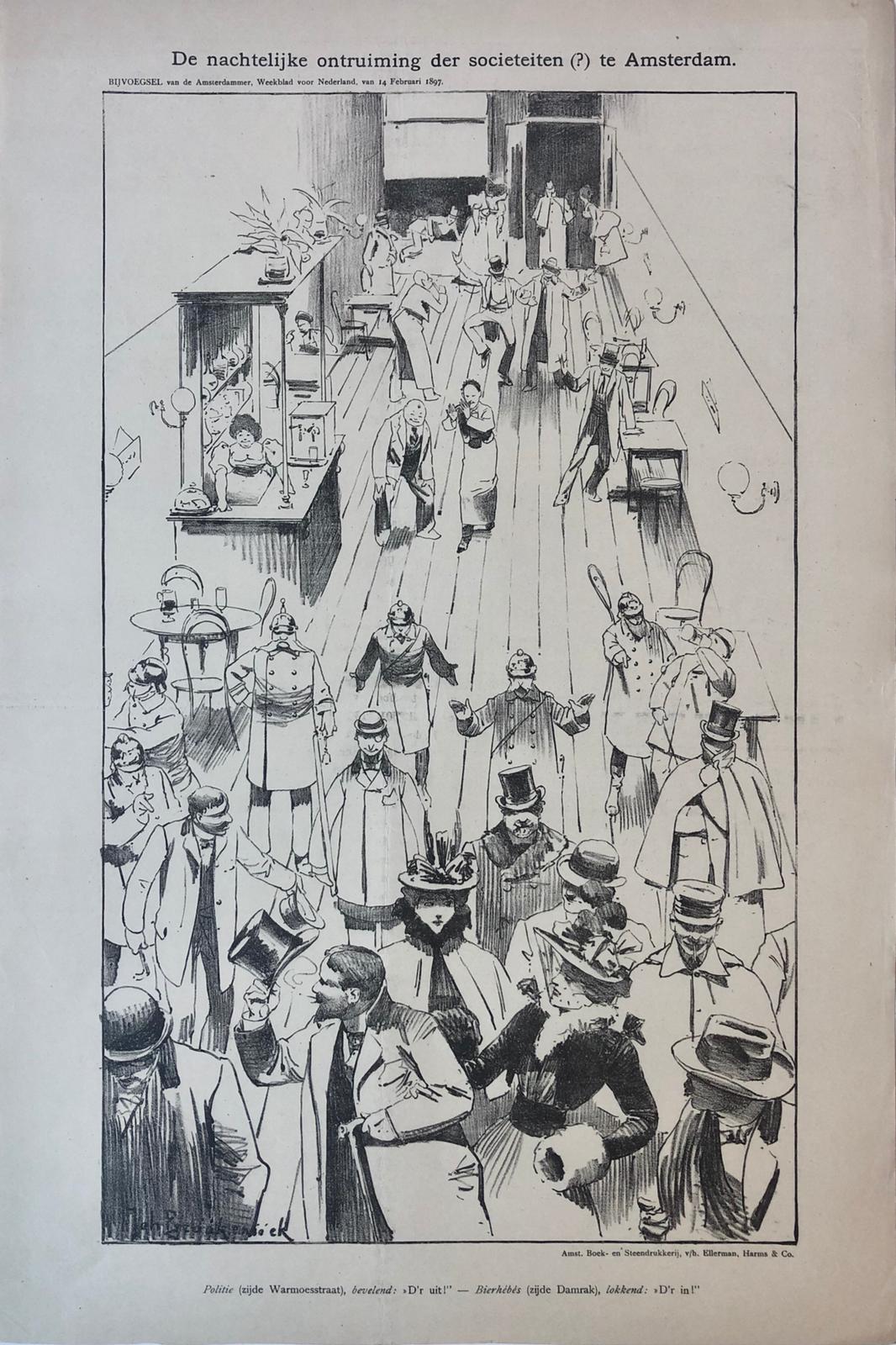 [Original lithograph/lithografie by Johan Braakensiek] De nachtelijke ontruiming der societeiten (?) te Amsterdam, 14 Februari 1897, 1 pp.