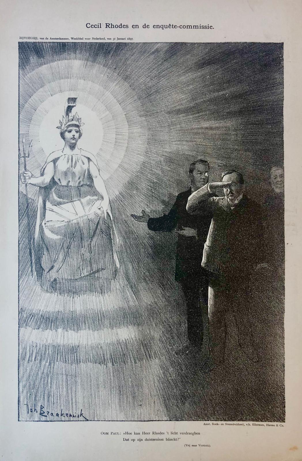 [Original lithograph/lithografie by Johan Braakensiek] Cecil Rhodes en de enquête-commissie, 31 Januari 1897, 1 pp.