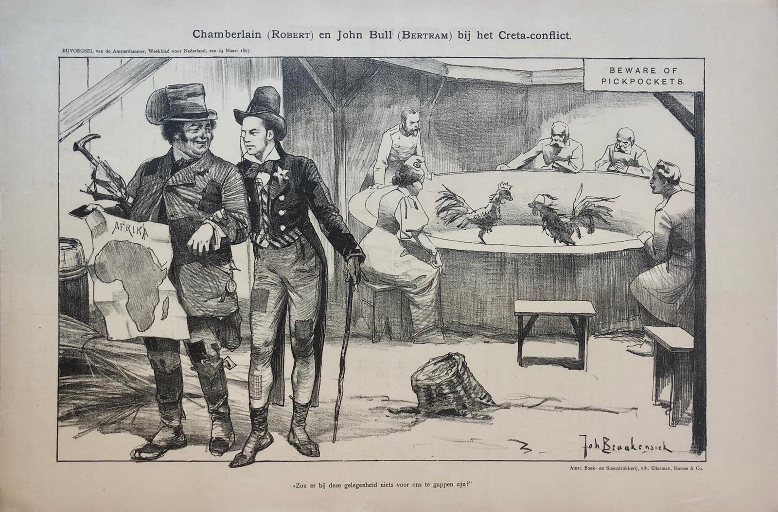 [Original lithograph/lithografie by Johan Braakensiek] Chamberlain (Robert) en John Bull (Bertram) bij het Creta-conflict, 14 Maart 1897, 1 pp.