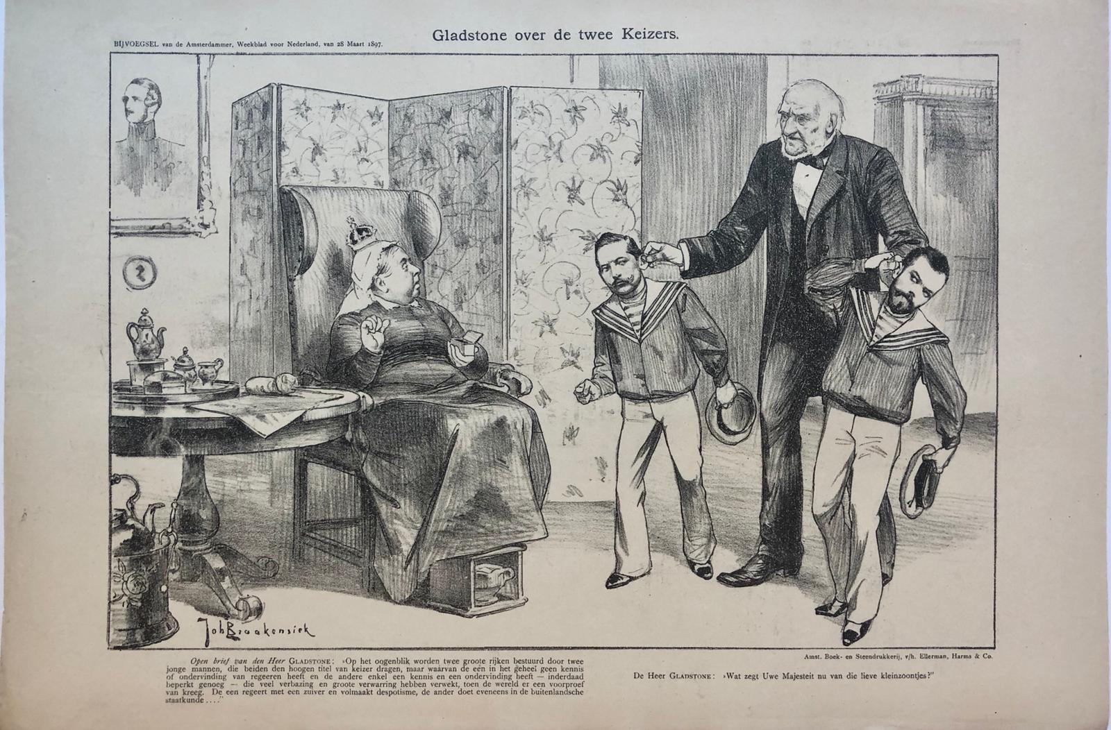 [Original lithograph/lithografie by Johan Braakensiek] Gladstone over de twee Keizers, 28 Maart 1897, 1 pp.