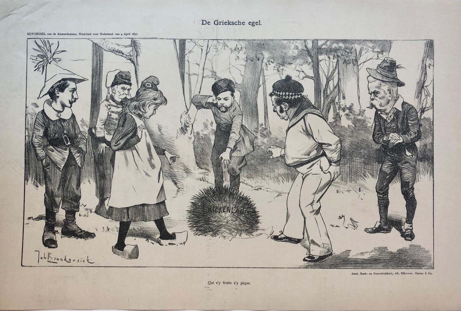 [Original lithograph/lithografie by Johan Braakensiek] De Grieksche egel, 4 April 1897, 1 pp.