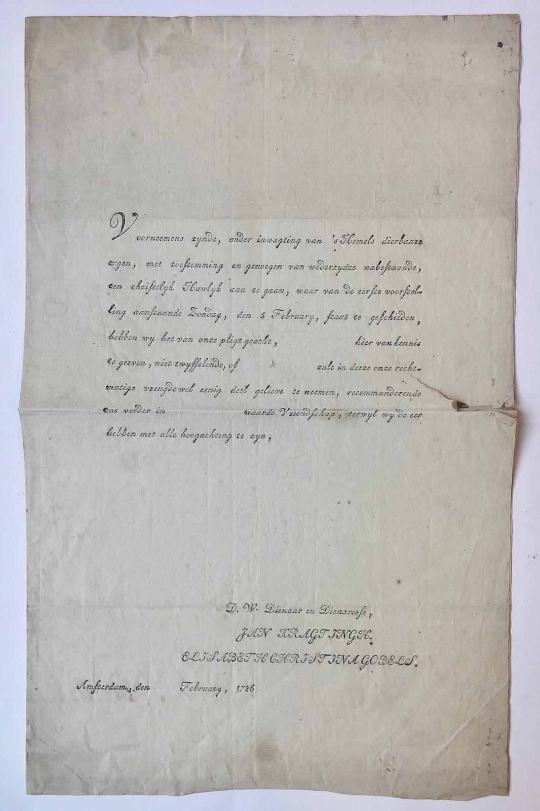 [Printed publication, marriage 1786] Huwelijksaankondiging Jan Kragtingh en Elisabeth Christina Gobels, Amsterdam 1786. Gedrukt, 1 p.