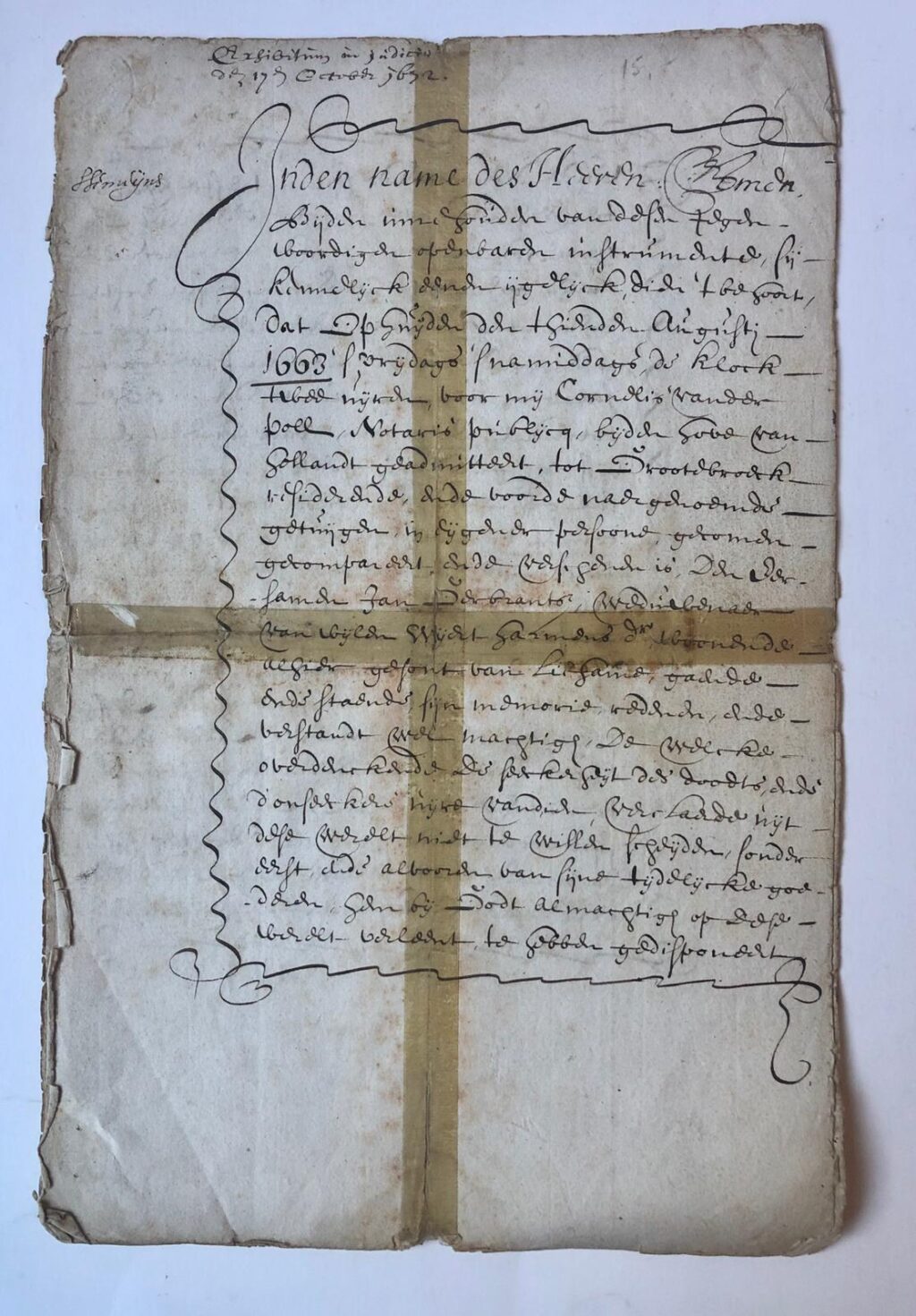 [Manuscript, Will 1663] Testament van Jan Gerbrandsz, bijgenaamd Roodmus, wednr van Wijert Harmensdr te Grootebroek, d.d.10-8-1663. Manuscript, 8 p. (Gerepareerd met cellotape.)