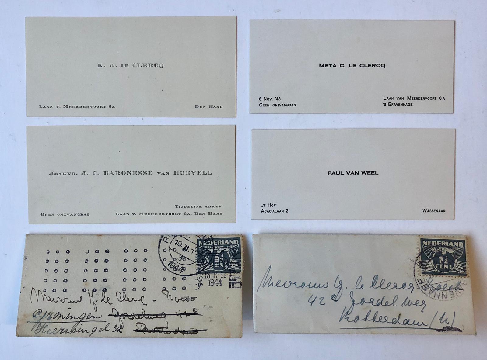 [Printed cards 1944] Twee verlovingskaartjes betr. a. K.J. le Clerq en J.C. baronesse van Hoevell, 1944 en b. Meta C. le Clerq en P. v. Weel, gedrukt.