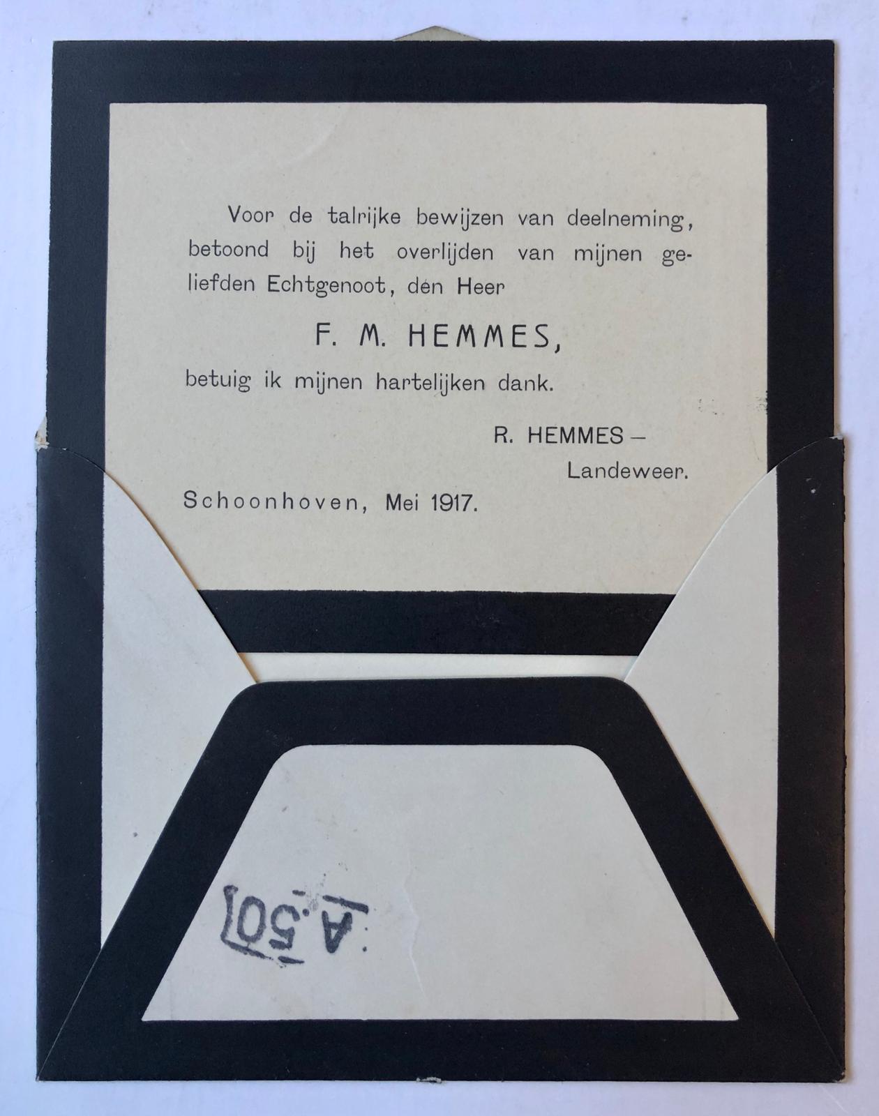 [Printed funeral card 1917] Gedrukt overlijdensbericht van F.M. Hemmes te Schoonhoven, 1917.