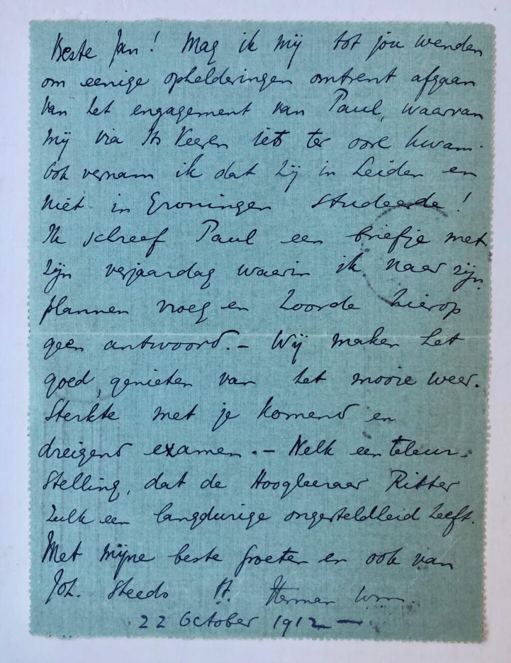 [Manuscripts 1912] Drie brieven van H.B.F. Westerouen van Meeteren aan zijn vriend Joh. van der Spek, 1911-1912, manuscript. Adres: Spaarne 61 te Haarlem
