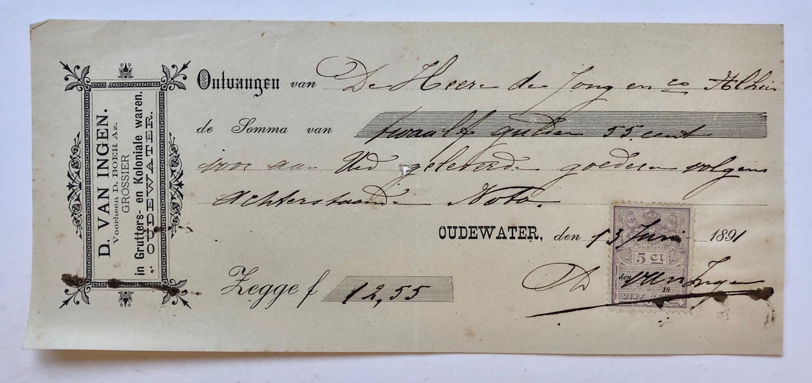 [Receipt, kwatantie 1891] Kwitantie D. van Ingen, v.h. D. Boer Az, Oudewater d.d. 1891, deels gedrukt.