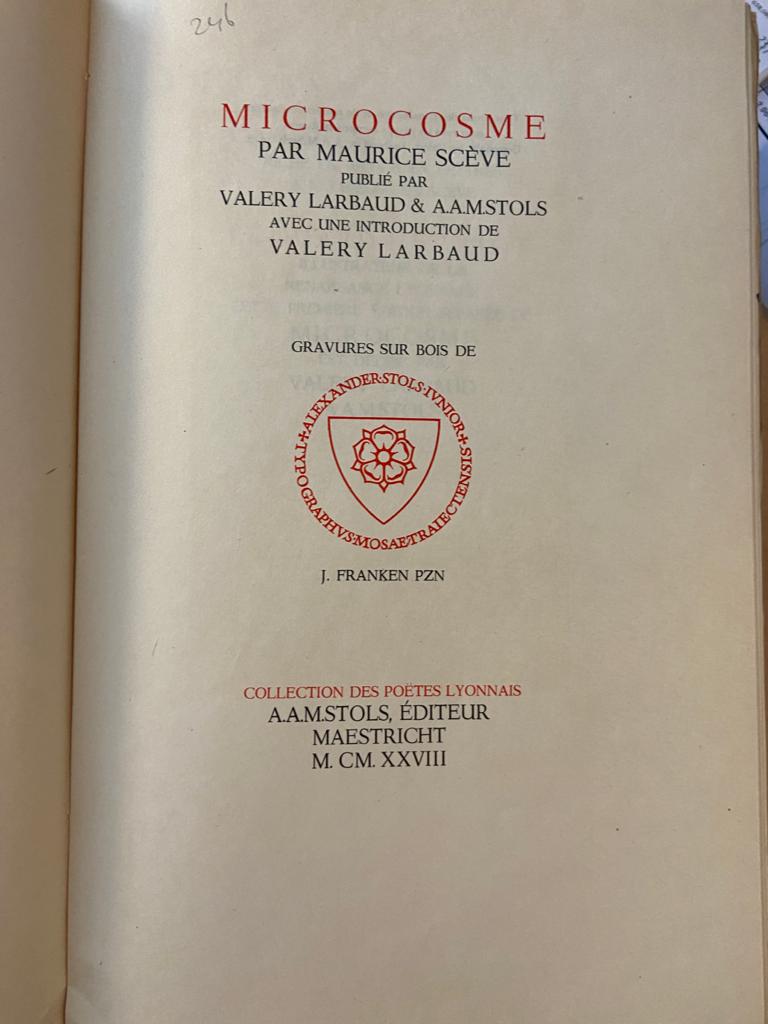 Microcosme (.....) publie par Valery Larbaud & A.A.M. Stols, Maastricht, Stols, 1928, 111 pp. Edition X (Impérial du Japon, contenant chacun une suite des bois sur hollande), with 7 loose woodcuts numbered X/X.