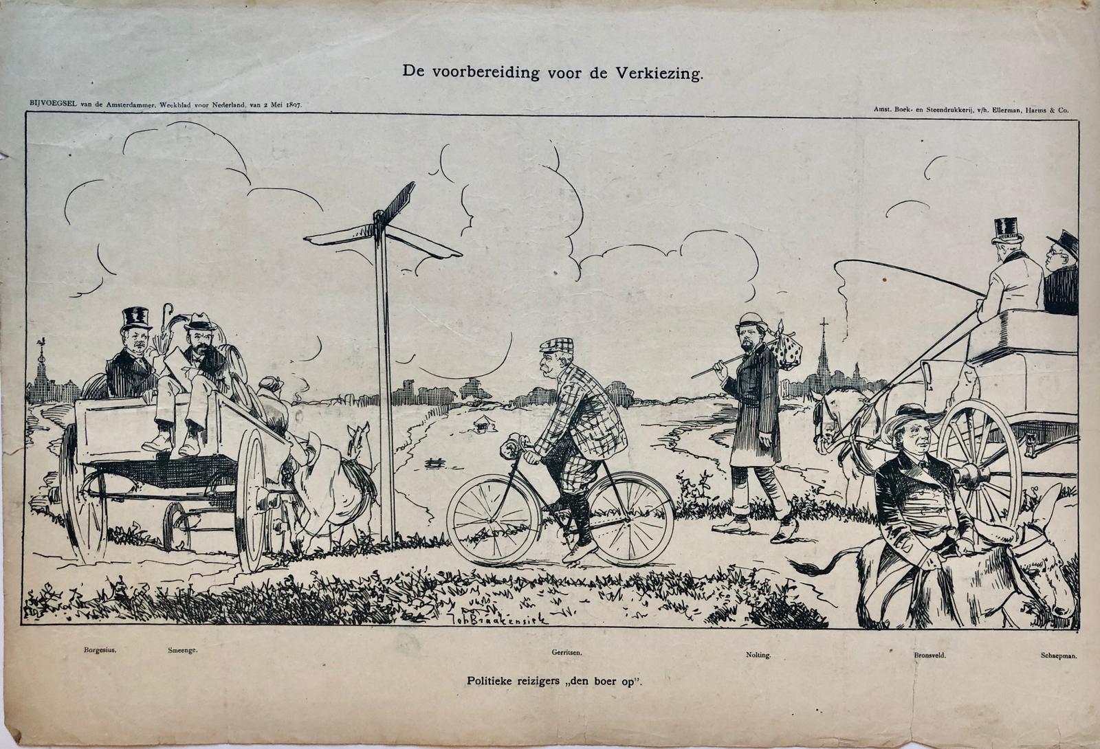 [Original lithograph/lithografie by Johan Braakensiek] De voorbereiding voor de Verkiezing, 2 Mei 1897, 1 pp.