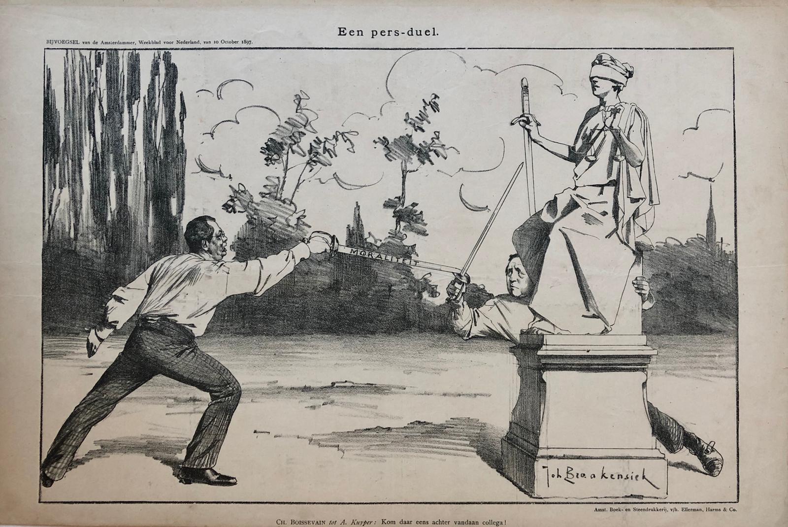 [Original lithograph/lithografie by Johan Braakensiek] Een pers-duel, 10 October 1897, 1 pp.