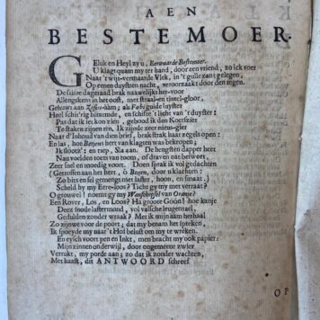 [Rare pamphlet(s), 1650] 't Vragende Amsterdam, aan de Vereenigde Provintien, gedrukt inde Vraag-stadt, Die met recht heet de Klaag-stadt (= Amsterdam), 1650. Blad A2: Olipodrigo ofte mengelmoes, gedrukt in 't vrye wout, daar men veel d'Heren hout 1650.