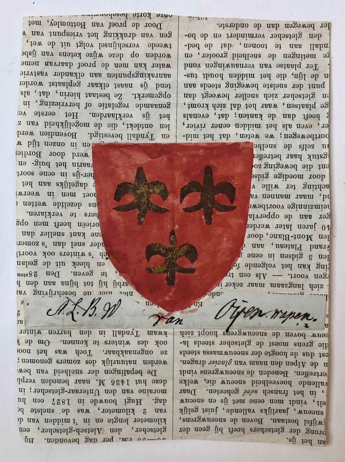 [Coat of arms] Wapen van A.L.B.W. van Oijen (rood met drie 6-puntige gouden sterren), geplakt op achterzijde van een publicatie door A.A. Vorsterman van Oijen.