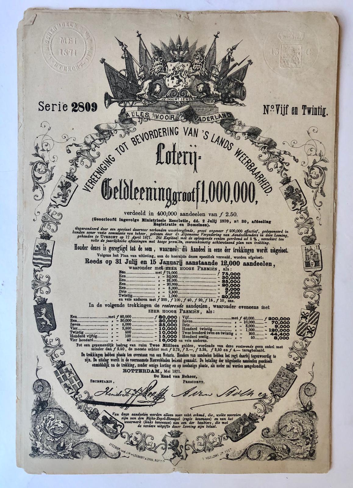 [lottery lot 1871] Lot ad ƒ 2,50 in de loterij t.b.v. de Vereeniging tot Bevordering van 's Lands Weerbaarheid, d.d. 1871, gedrukt, 8°, 2 p.