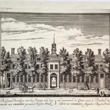Original etching/Antique print/originele ets: De Catoen drukkerymet het Torentje van den Heer van Ommeren genaamd buyten Druk/l' Impremerie de Coton avec le Pavillon du Sieur van Ommeren, Appellez Buyten Druk.