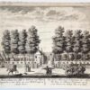 Original etching/Antique print/originele ets: De Buitenplaets van Juff. de Weduwe van Floris Koopman op den hoek van den Middel wegh en Malie baan/Vue de la Maison de Campagne de Mad. La Veve de Floris Koopman sur le coindu Chemin du Milieu vers le Mail.