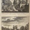Original etching/Antique print/originele ets: (1) Meer genoegen, de lustplaetsvan juffr. de wed. stechman in de kromme Schagerlaen over de lustplaets (2) Overzicht/ (1) Meer-genoegen, Maison de plaisance dans la Schagerlaen vis a vis (2) Overzicht TOGETHER WITH (1) Meergenoegen, van de voorpoort door de bloemperken en Triumfboog naer achteren toe te zien/Vue de Meergenoegen du Cote du Jardin & de l' Arc de Triomphe.