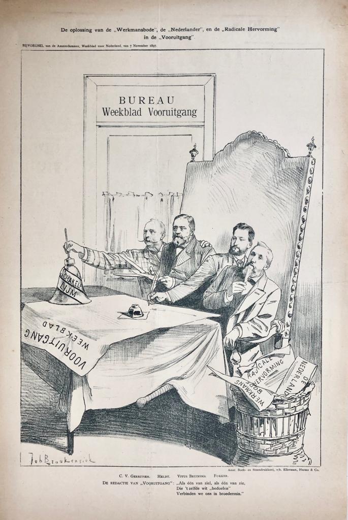 [Original lithograph/lithografie by Johan Braakensiek] De oplossing van de "Werkmansbode", de "Nederlander", en de "Radicale Hervorming" in de "Vooruitgang", 7 November 1897, 1 pp.