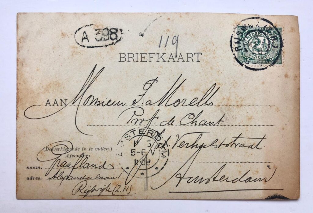 [Postcard 1908] Briefkaart van ... Graafland, d.d. Rijswijk 1908, aan de zangpedagoog Morello te Amsterdam. Manuscript.