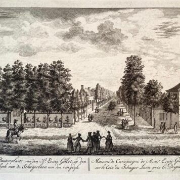 Original etching/Antique print/originele ets: De Buitenplaets van den Hr. Esaie Gillot op den hoek van de Schagerlaen aen den Ringijk/Maison de Campagne de Monsr. Esaie Gillot sur le Coin du Schager laen pres la Dique.