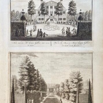 Original etching/Antique print/originele ets: 't Huis van den H. Esaie Gillot van voren te zien (Vue de la Maison Monsr. Esaie Gillot du Cote de la facade) TOGETHER WITH Binnen gezicht naer 't kabinet van den H. Esaie Gillot (Vue de la Maison de Mons. Esaye Gillot vers le Cabinet.