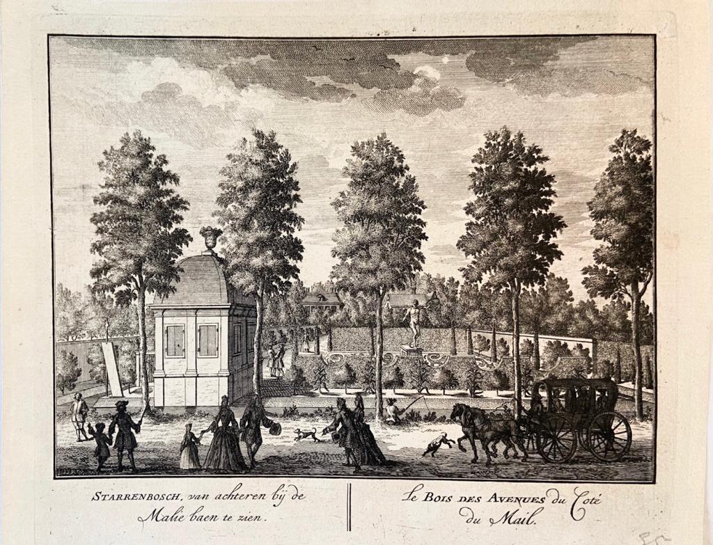 Original etching and engraving/Antique print/originele ets en gravure/prent: Starrenbosch, van achteren bij de Malie Baen te zien/Le bois des avenues du cote du Mail.