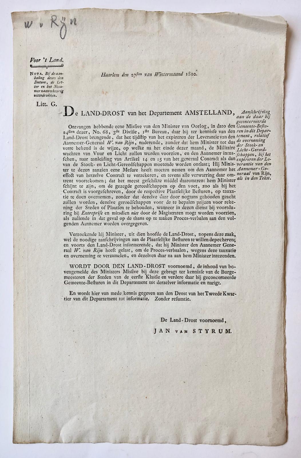 [PRINTED PUBLICATION, 1810] Gedrukte aanschrijving van de Landdrost van het Dep. Amstelland, dd 27-12-1810 betr. de aannemer van stook-licht en gereedschappen W. van Rijn. Folio, 2p.