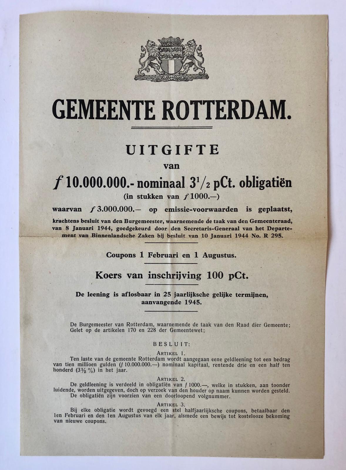 [Bond loan, Rotterdam, 1944] Prospectus van een 3,5% obligatielening gemeente Rotterdam, besluit burgemeester 8-1-1944. Gedrukt, 4°, 4p.