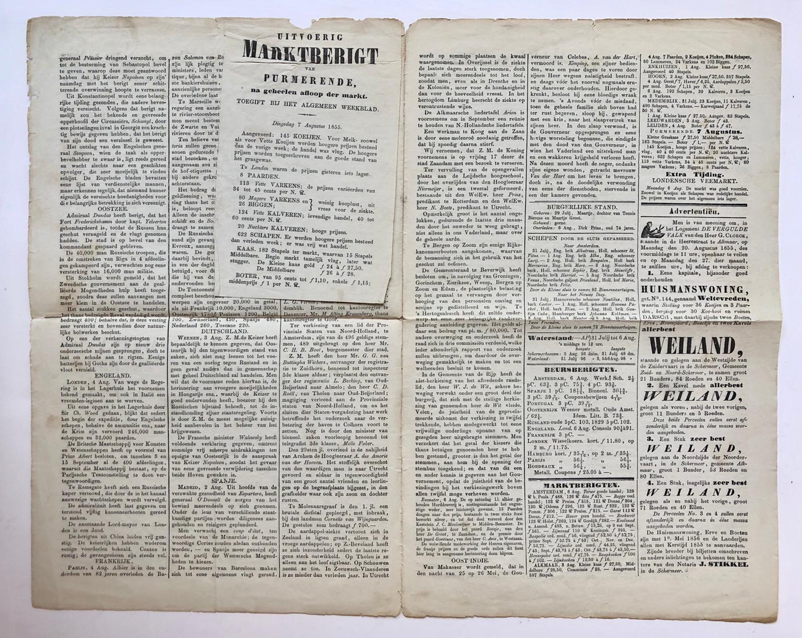 [NEWSPAPER, PURMEREND, MAKKES, 1855] Exemplaar van 1e- jaargang (1855) nr. 32 van het Algemeen Weekblad [...] uitgegeven te Purmerende. Gedrukt, 4p met een toegift.