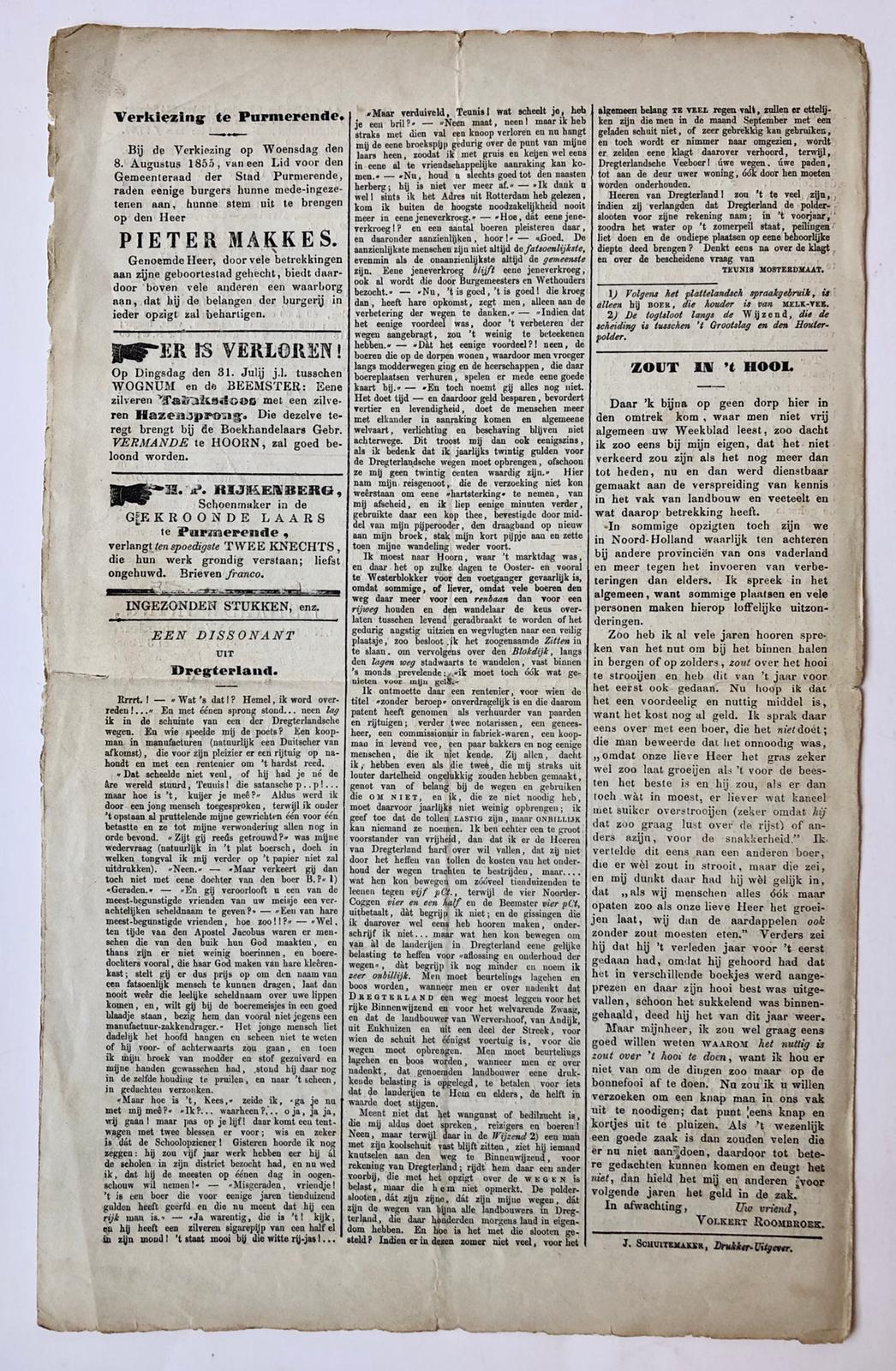 [NEWSPAPER, PURMEREND, MAKKES, 1855] Exemplaar van 1e- jaargang (1855) nr. 32 van het Algemeen Weekblad [...] uitgegeven te Purmerende. Gedrukt, 4p met een toegift.