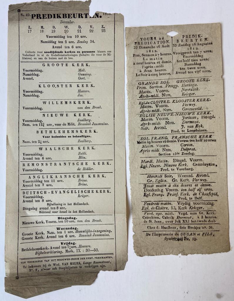 [History The Hague] Two original sermon schedule, predikbeurten (Preekbeurten, Rooster voor preken) 1812 & 1853.