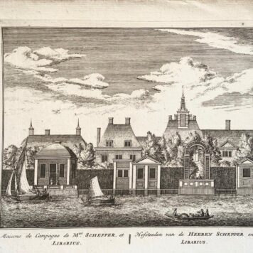 Original engraving/Antique print/Originele gravure: Maisons de Campagne de Mrs Schepper et Librarius/Hofsteeden van de Heeren Schepper en Libarius. ca 1730.