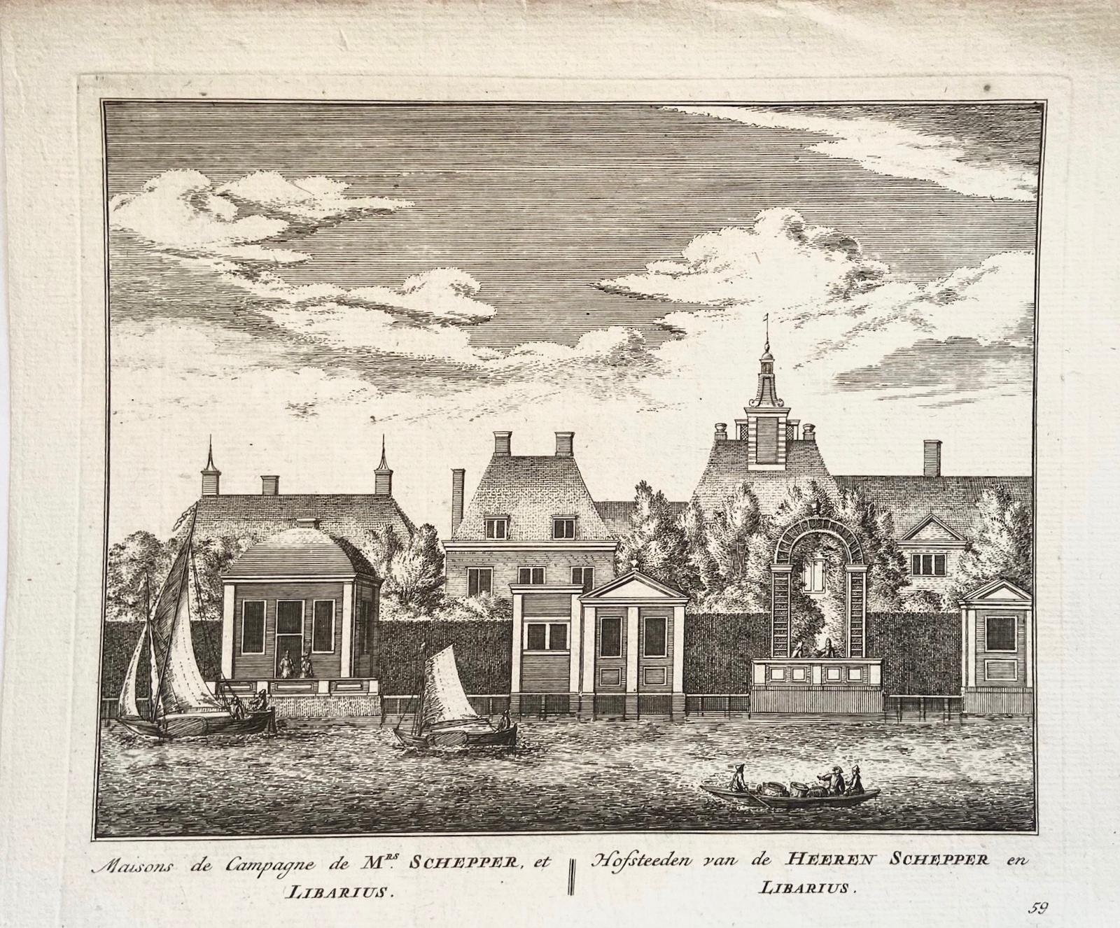 Rademaker, Abraham. - Original engraving/Antique print/Originele gravure: Maisons de Campagne de Mrs Schepper et Librarius/Hofsteeden van de Heeren Schepper en Libarius. ca 1730.