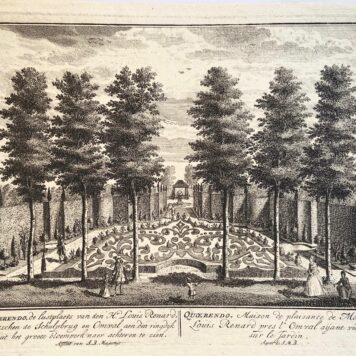 Original etching/Antique print/Originele ets: Quaerendo, de lustplaets van den Hr Louis Renard, tusschen de Schulpbrug en Omval aen den ringdijk uit het groote bloemperk naer achteren te zien, ca 1725.