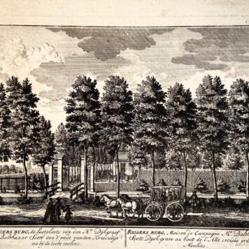 Original etching/Antique print/Originele ets: Reigersburg, de Lustplaets van den H. Dÿkgraaf Mr. Balthazar Scott aen't endt vander Kruiswegh na bÿ de tocht molens (text in Dutch) and Reigersburg, Maison de Campagne Mr. Balthazar Scott Dyck-grave au bout de l'Allé croisée prés les Moulins...(text in French). ca 1725.