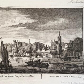 Original etching/Antique print/Originele ets: Gezicht van de Herberg en Pauwentuin (text in Dutch) and Vue du Cabaret du jardin du Paon (text in French), ca 1730. Near Amstelveen, also known as Meerhuizen.