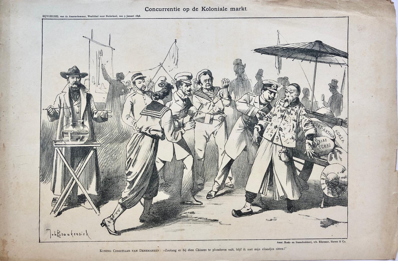 [Original lithograph/lithografie by Johan Braakensiek] Concurrentie op de Koloniale markt, 9 Januari 1898, 1 pp.