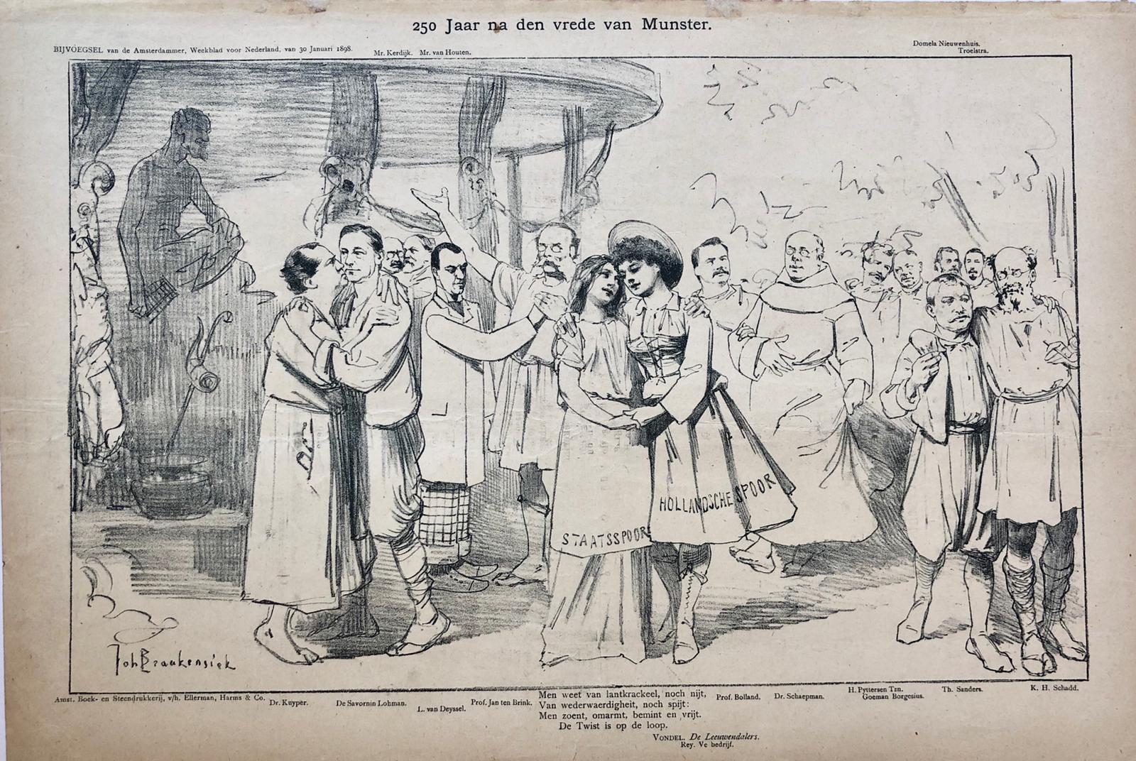 [Original lithograph/lithografie by Johan Braakensiek] 250 Jaar na den vrede van Munster, 30 Januari 1898, 1 pp.