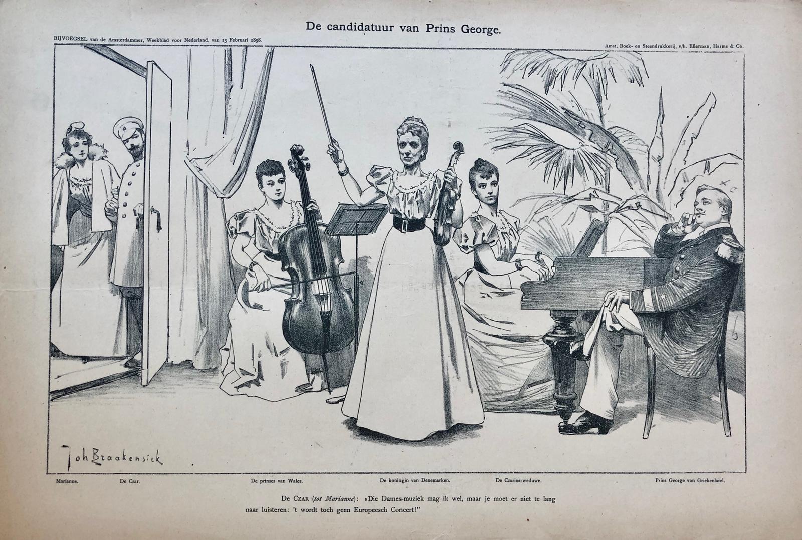 [Original lithograph/lithografie by Johan Braakensiek] De candidatuur van Prins George, 13 Februari 1898, 1 pp.