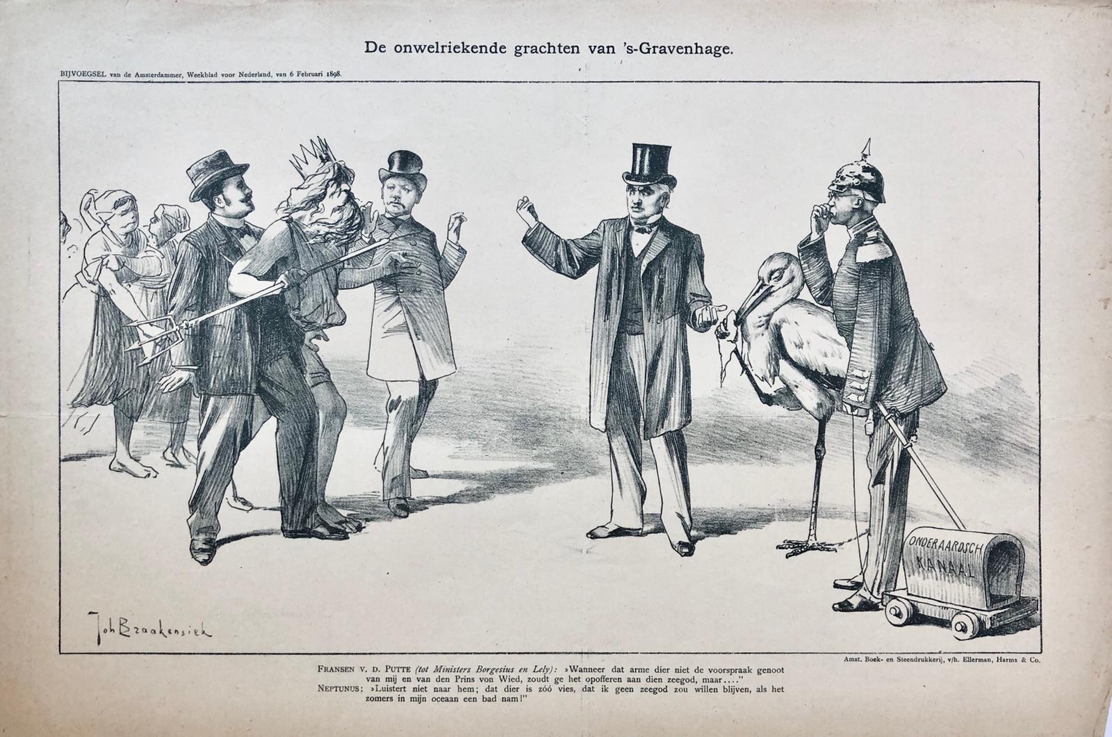 [Original lithograph/lithografie by Johan Braakensiek] De onwelriekende grachten van 's-Gravenhage (The Hague), 6 Februari 1898, 1 pp.