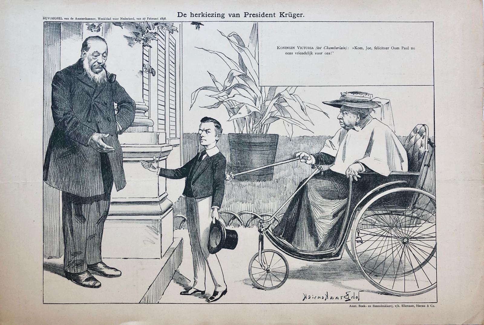 [Original lithograph/lithografie by Johan Braakensiek] De herkiezing van President Krüger, 27 Februari 1898, 1 pp.