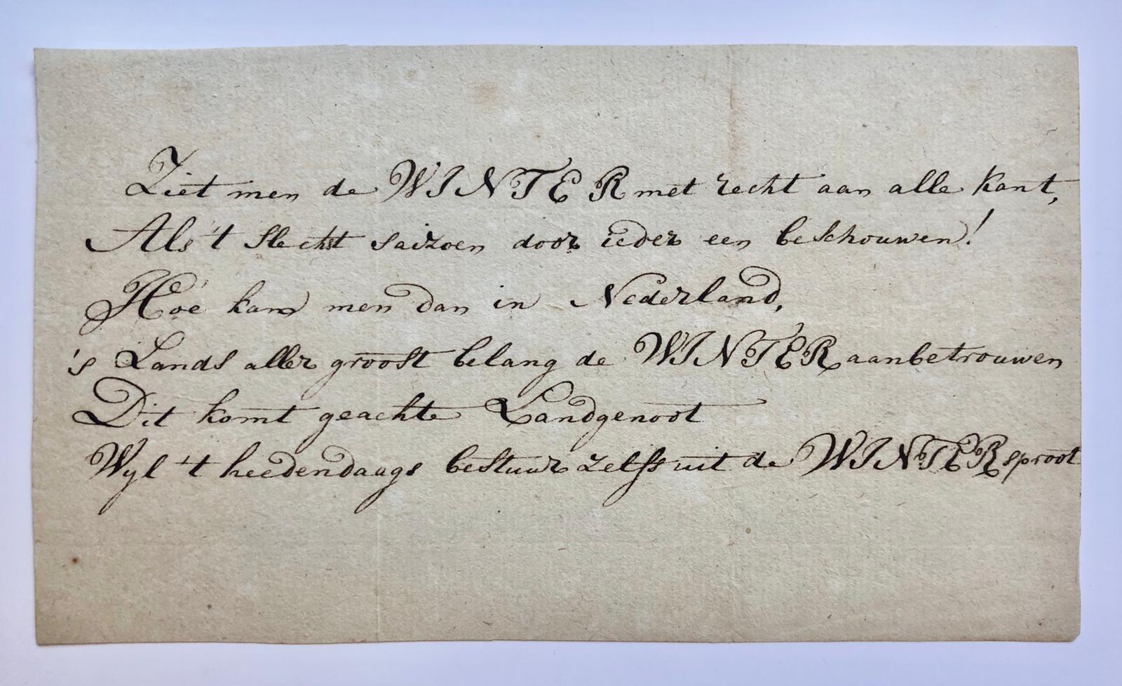 [MANUSCRIPT, Satrical, 1780] Spotversje op De Winter, ca. 1780, manuscript, 8°, 1 pag.
